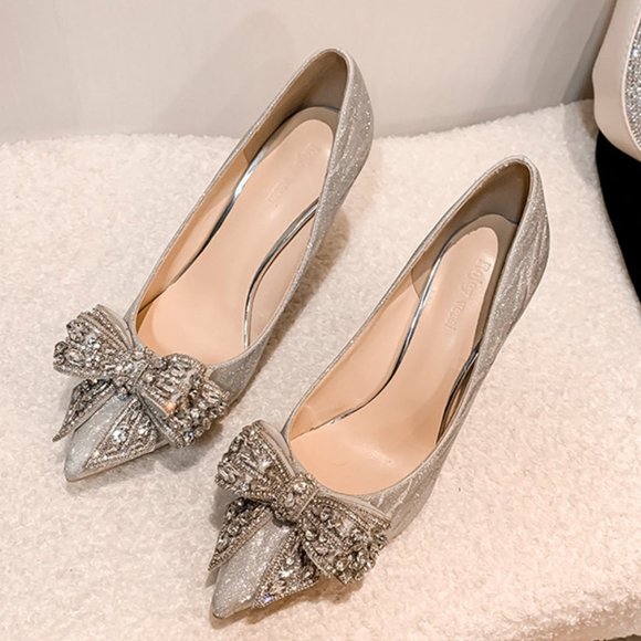Stiletto rhinestone bow bridesmaid crystal slippers bridal shoes wedding French